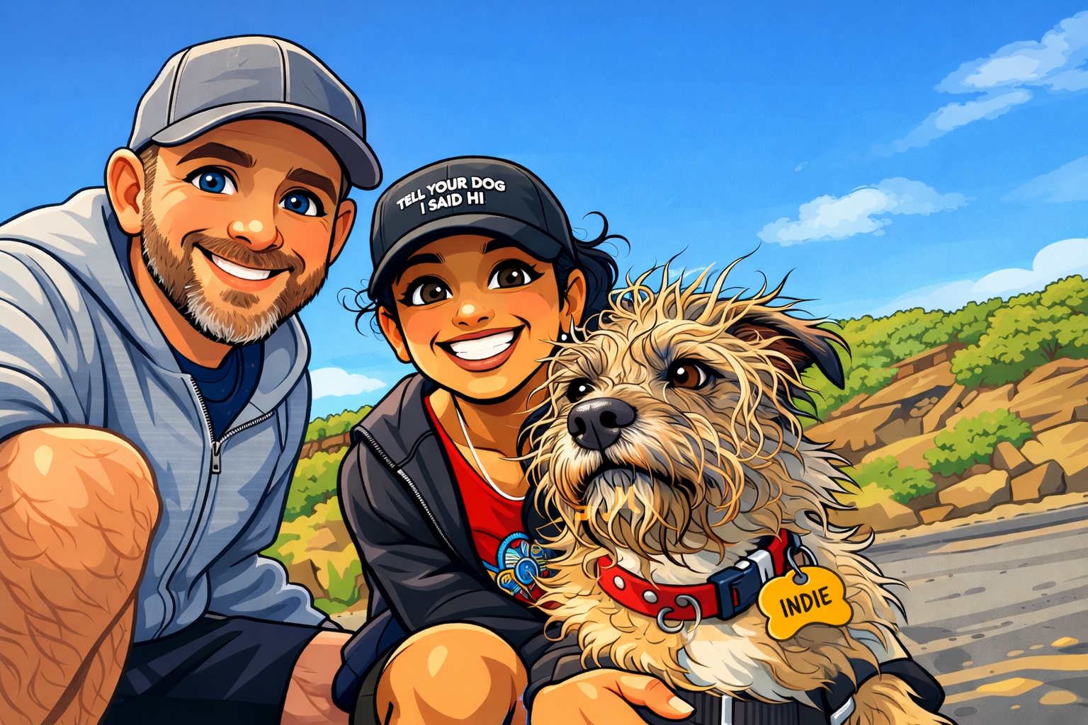 Vaughan, Deepti and Indie the dog